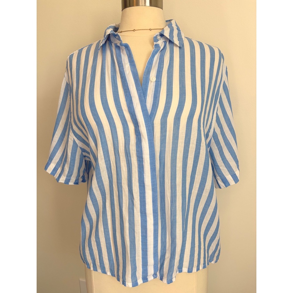 Lola River Blue White Striped Linen Blend Button Up Shirt Womens L Coastal